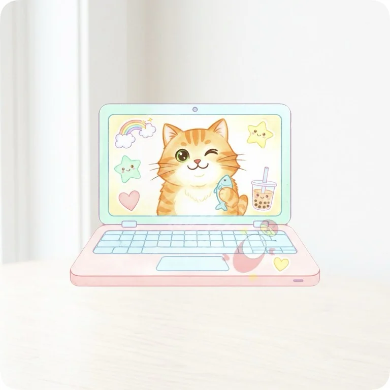 Free Cute Cat Laptop PNG | Kawaii Watercolor Tech Clipart — Aesthetic Tech Clipart | WFH & Digital Planner PNG watercolor clipart
