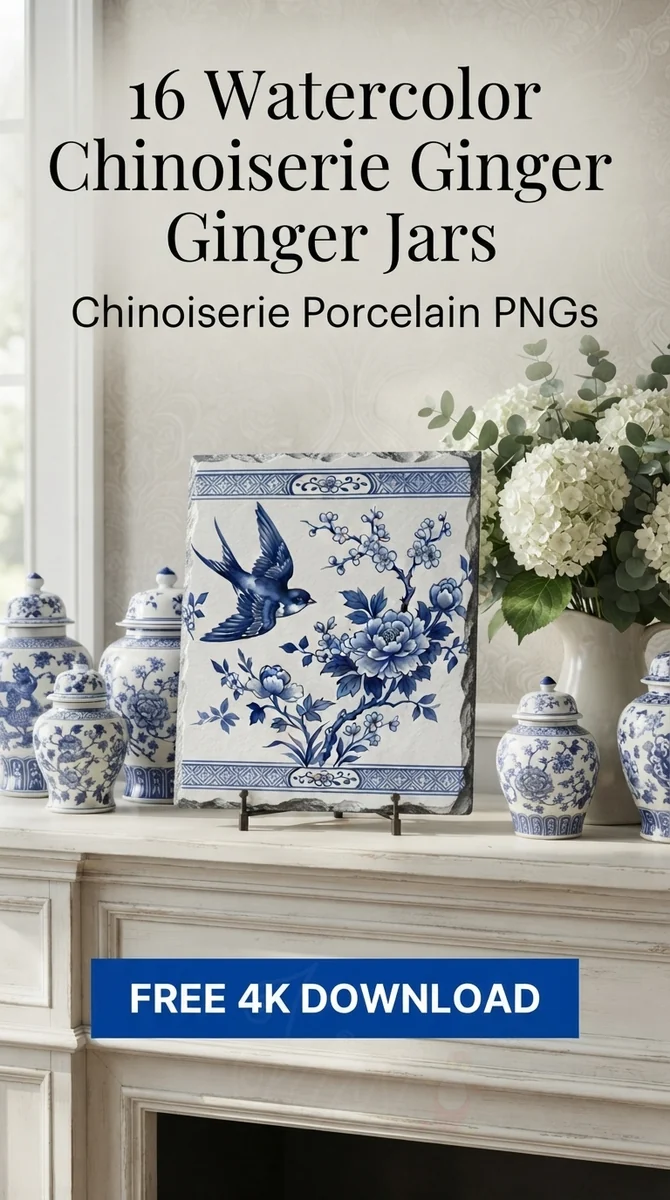 Free Bird & Floral Ginger Jar PNG | Blue White Porcelain Clipart — Grandmillennial | Chinoiserie Clipart PNGs watercolor clipart