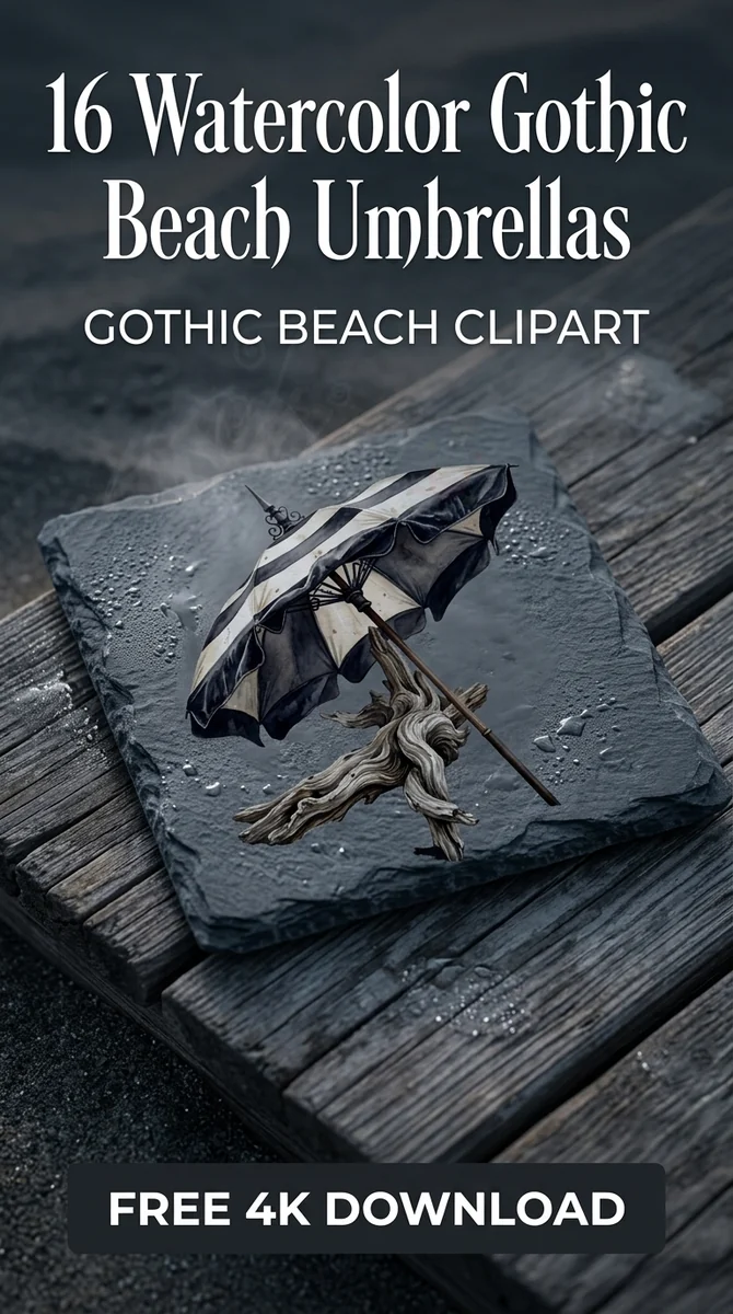 Free Charcoal Umbrella PNG | Gothic Beach Clipart with Driftwood — Summerween Clipart | Gothic Beach PNG watercolor clipart