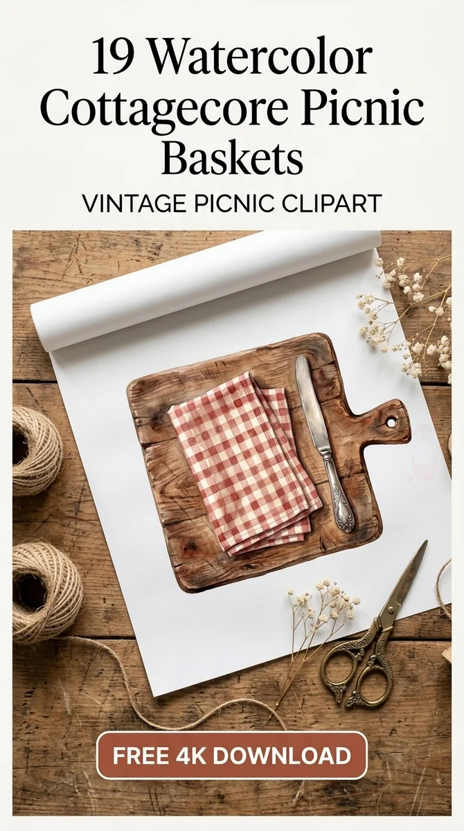 Free Wooden Cutting Board PNG | Red Gingham Napkin Clipart — Cottagecore Picnic | Watercolor Clipart PNG watercolor clipart