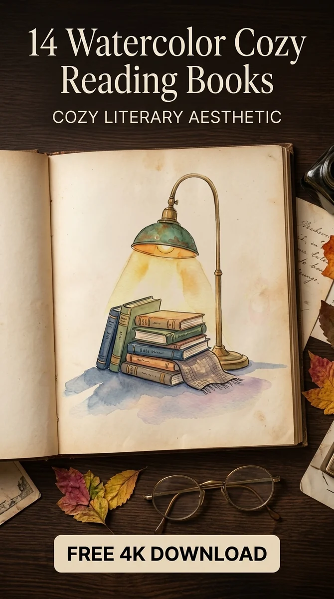 Free Vintage Reading Lamp PNG | Watercolor Book Stack Clipart — Cozy Reading Clipart | Bookish Watercolor PNG watercolor clipart