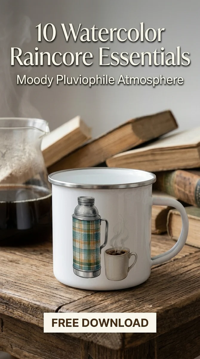 Free Steaming Coffee PNG | Cozy Plaid Thermos Clipart — Raincore Aesthetic Clipart Pluviophile Watercolor watercolor clipart