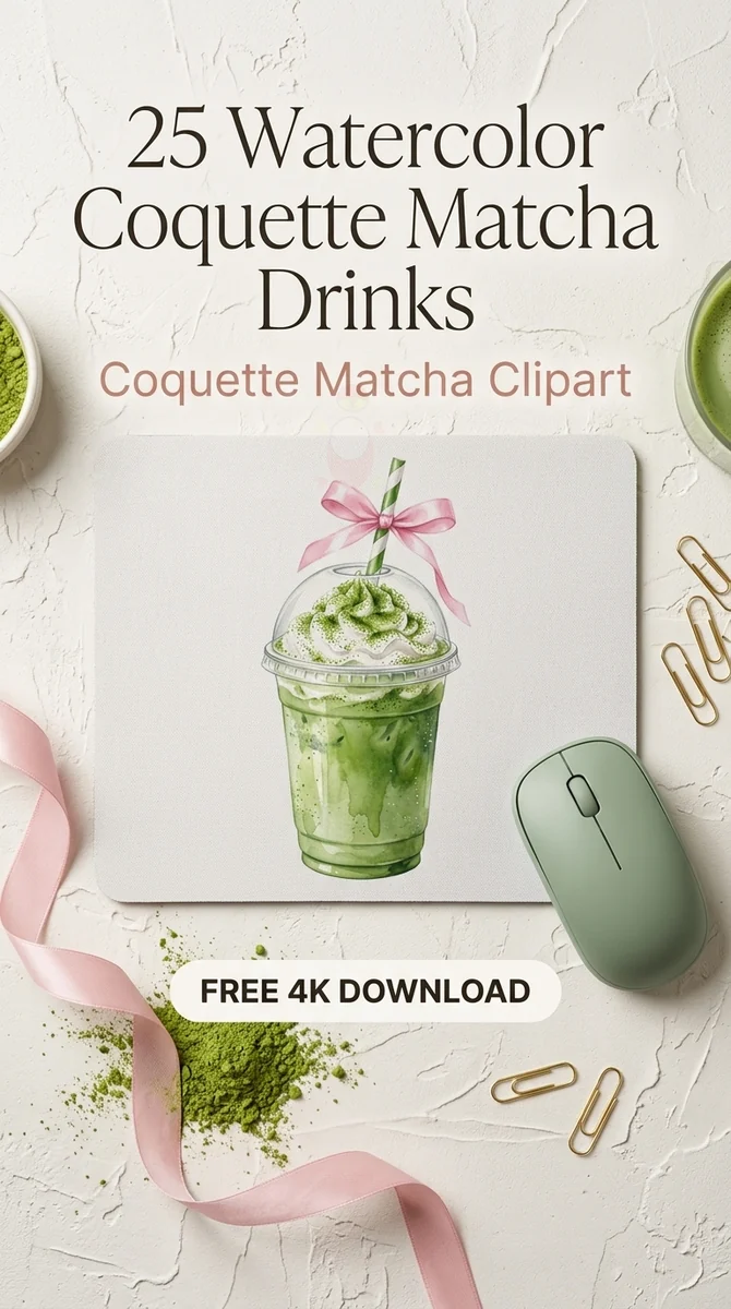 Free Matcha Frappuccino PNG | Whipped Cream & Pink Bow Clipart — Coquette Matcha Latte | Soft Girl Cafe Clipart PNG watercolor clipart