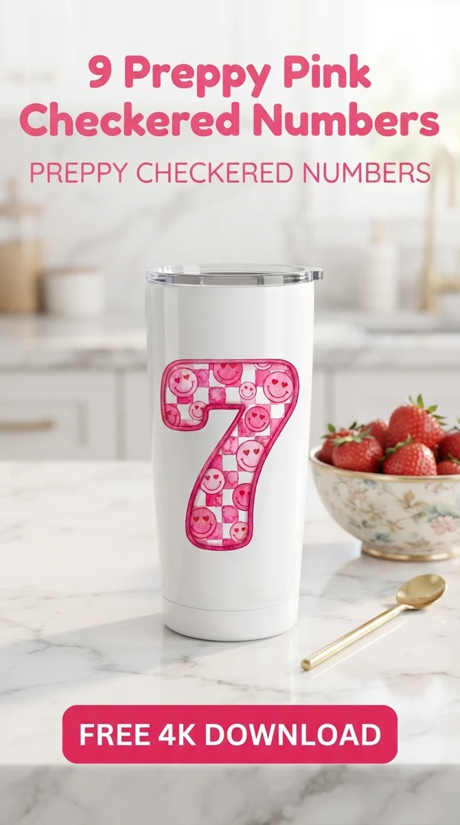 Free Preppy Number 7 PNG | Pink Checkered Clipart — Preppy Pink Checkered Numbers | Y2K Birthday PNG watercolor clipart