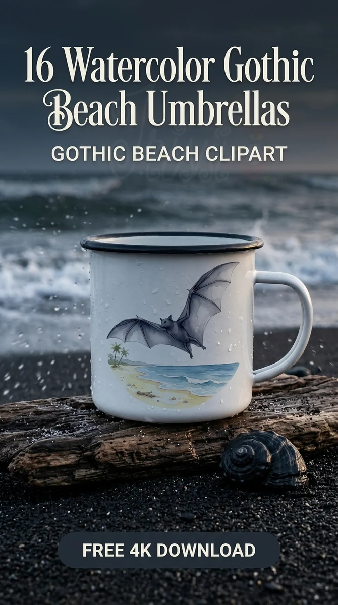 Free Beach Bat PNG | Spooky Summer Palm Tree Clipart — Summerween Clipart | Gothic Beach PNG watercolor clipart