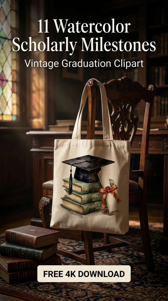 Free Vintage Book Stack & Cap PNG | Scholarly Clipart — Dark Academia | Vintage Graduation Clipart watercolor clipart