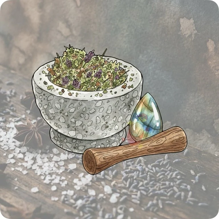 Free Labradorite Crystal & Herbs PNG | Wiccan Kitchen Clipart — Kitchen Witch Clipart | Green Witch Watercolor PNG watercolor clipart