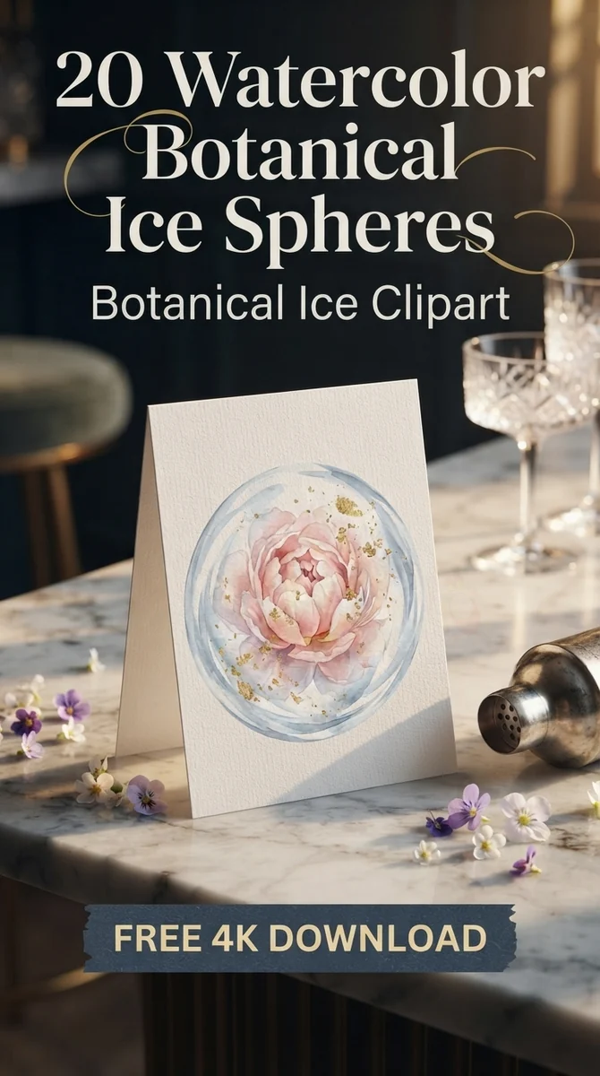 Free Peony Ice Sphere PNG | Frozen Flower Clipart with Gold — Botanical Ice Spheres | Floral Cocktail Clipart watercolor clipart