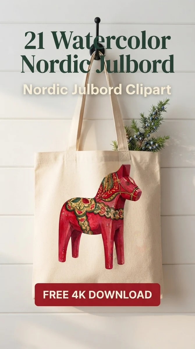 Free Red Dala Horse PNG | Swedish Folk Art Christmas Clipart — Nordic Christmas Clipart | Hygge Julbord PNG watercolor clipart