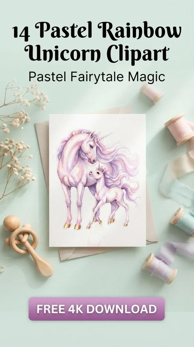 Free Vintage Mother & Baby Unicorn PNG | Pastel Clipart — Dreamy Pastel Unicorns | Nursery & Party Clipart watercolor clipart