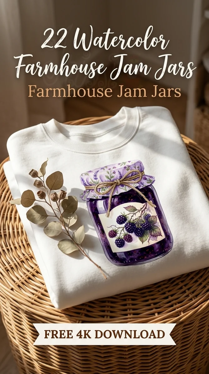 Free Blackberry Jelly PNG | Floral Lid Jam Clipart — Cottagecore Jam Jar Clipart | Rustic Farmhouse PNG watercolor clipart