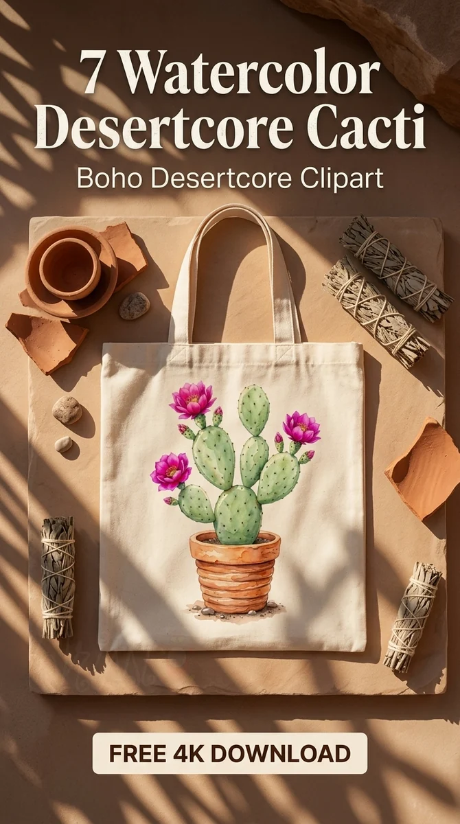 Free Potted Prickly Pear Cactus PNG | Boho Desert Clipart β Boho Desertcore Cacti Clipart watercolor clipart