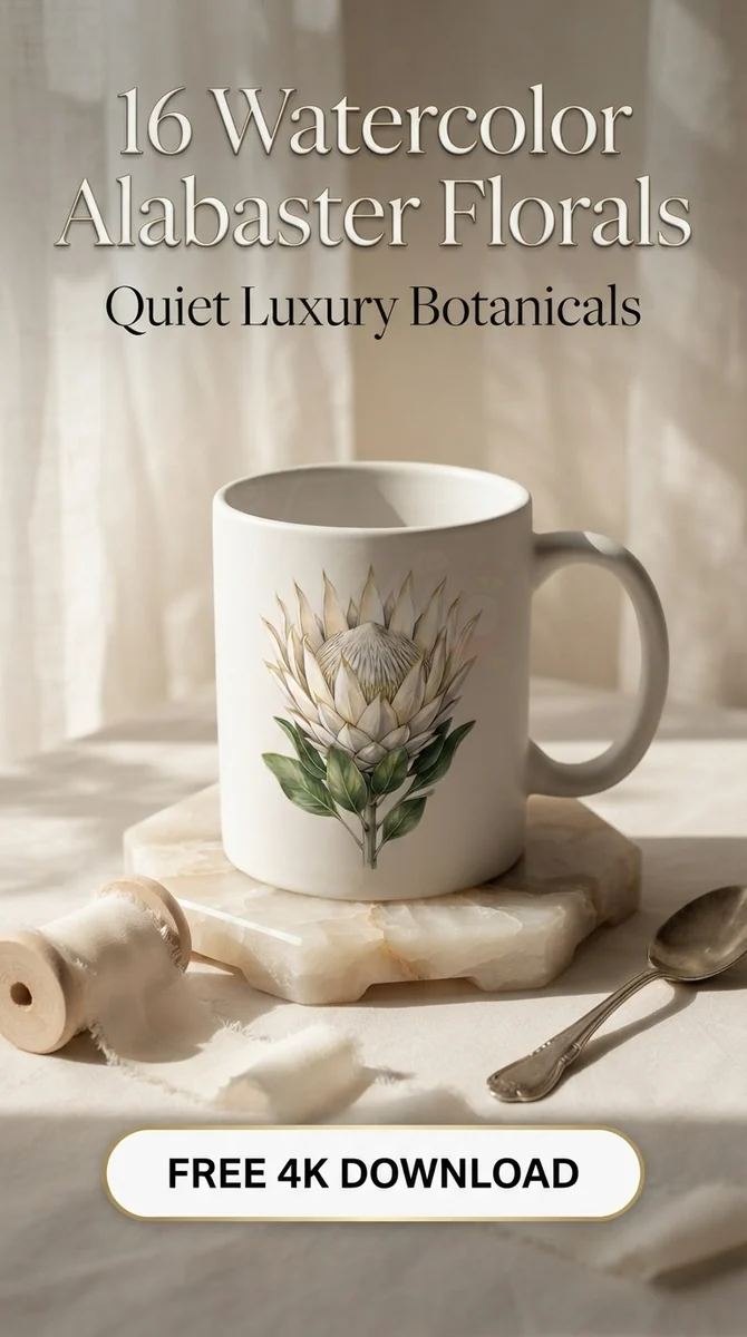 Free Alabaster King Protea PNG | White Botanical Flower Clipart โ Quiet Luxury | White Gold Floral Clipart watercolor clipart