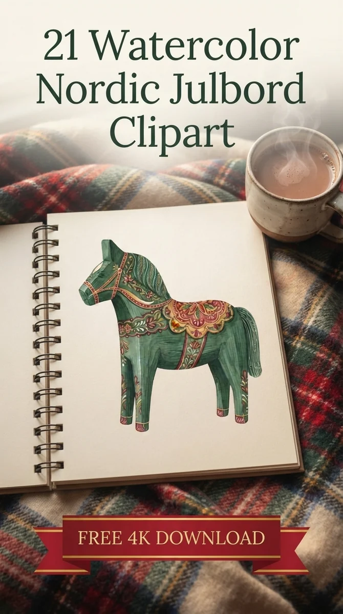 Free Green Dala Horse PNG | Scandinavian Pine Folk Art Clipart — Nordic Christmas Clipart | Hygge Julbord PNG watercolor clipart
