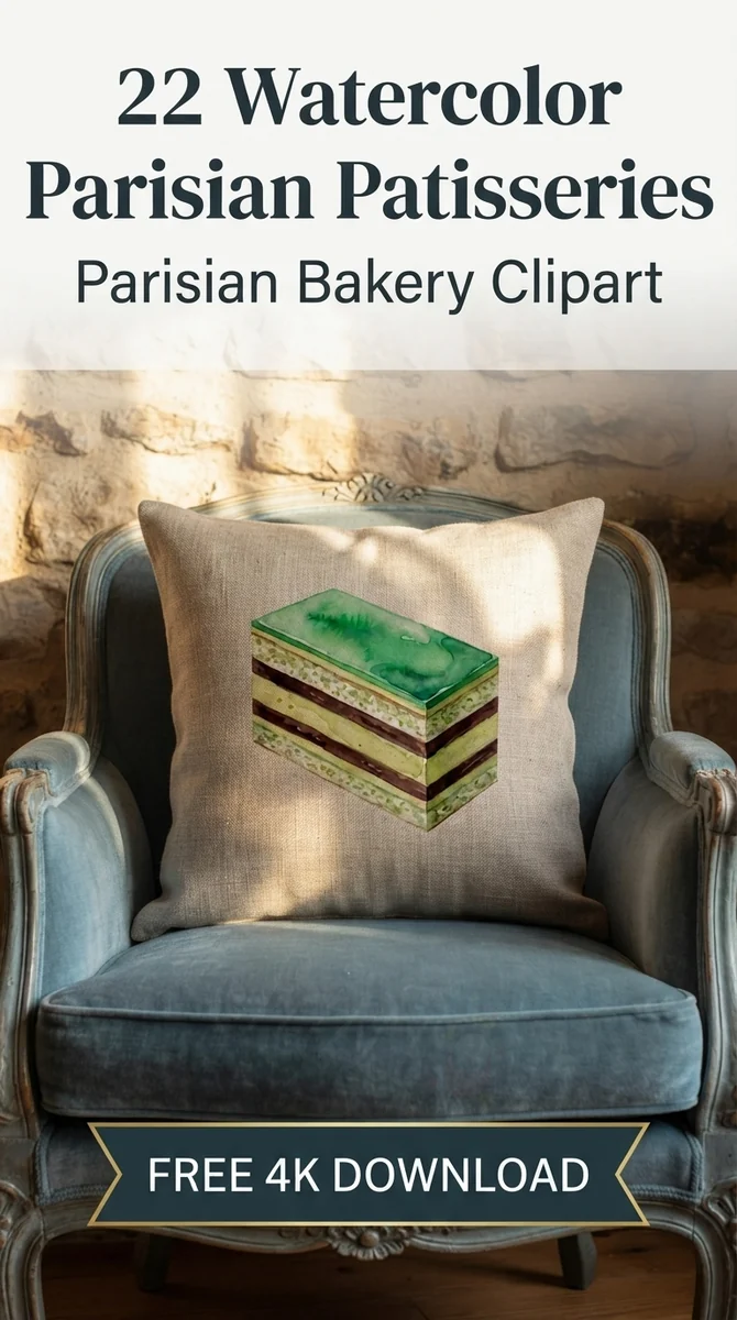 Free Pistachio Opera Slice PNG | French Dessert Clipart — French Patisserie Clipart | Parisian Bakery PNG watercolor clipart