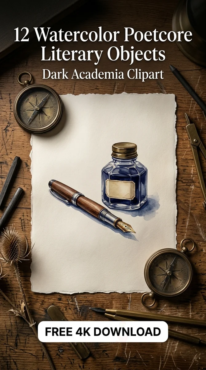 Free Indigo Ink Bottle PNG | Vintage Writer Clipart — Dark Academia | Poetcore Literary Clipart watercolor clipart