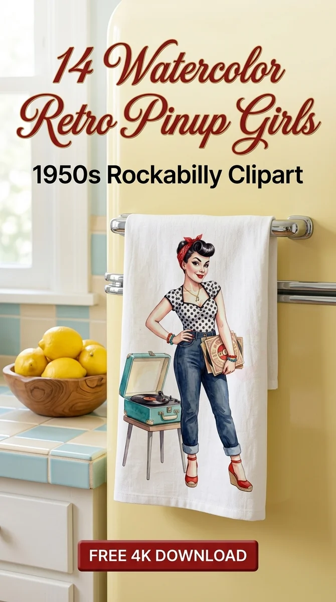 Free Victory Roll Pinup Clipart PNG | Retro 1950s Record Player Art — Retro Pinup Clipart | 1950s Rockabilly PNG watercolor clipart