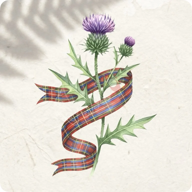 Free Royal Stewart Thistle PNG | Scottish Tartan Ribbon Clipart — Scottish Botanical Clipart | Thistle & Heather PNG watercolor clipart