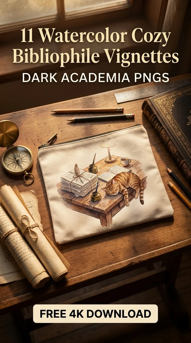 Free Cozy Writer's Desk PNG | Watercolor Cat & Coffee Clipart — Cozy Bibliophile Clipart | Dark Academia PNGs watercolor clipart