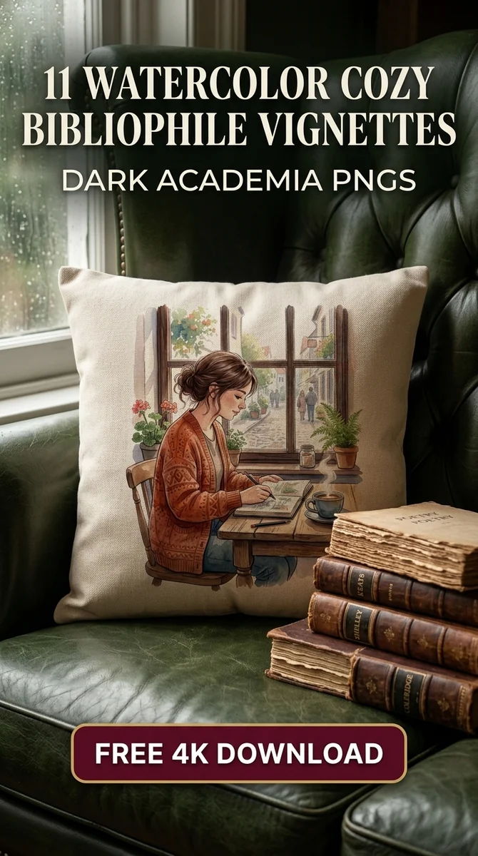 Free Bookstore Cafe Sketchbook PNG | Cozy Girl Drawing Clipart — Cozy Bibliophile Clipart | Dark Academia PNGs watercolor clipart