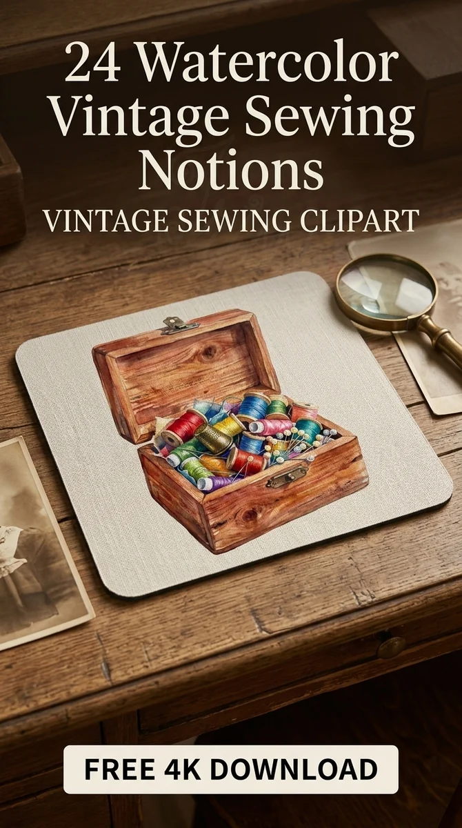 Free Vintage Wooden Sewing Kit PNG | Watercolor Craft Box Clipart — Vintage Sewing Clipart | Haberdashery PNG watercolor clipart
