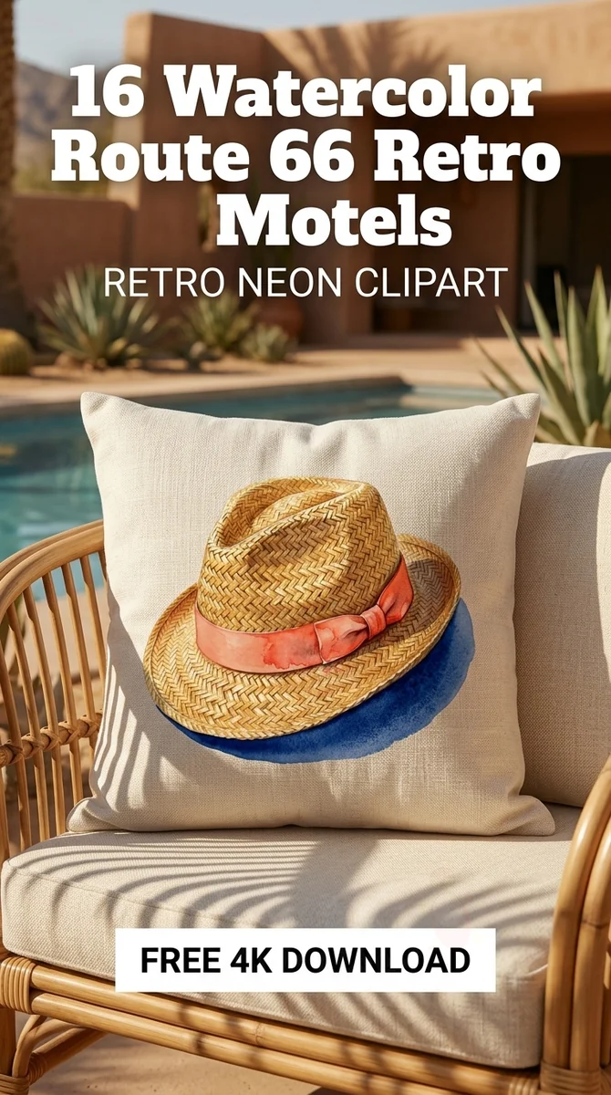Free Vintage Straw Fedora PNG | Retro Summer Hat Clipart — Route 66 Retro Neon Clipart Mid Century Modern PNG watercolor clipart