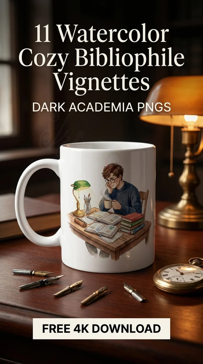 Free Dark Academia Study Desk PNG | Cozy Library Clipart — Cozy Bibliophile Clipart | Dark Academia PNGs watercolor clipart