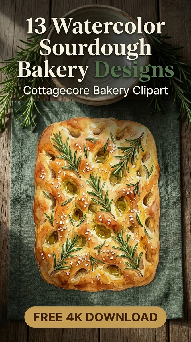 Free Rosemary Focaccia Clipart | Sourdough Bread PNG — Sourdough Clipart | Cottagecore Bakery PNG watercolor clipart