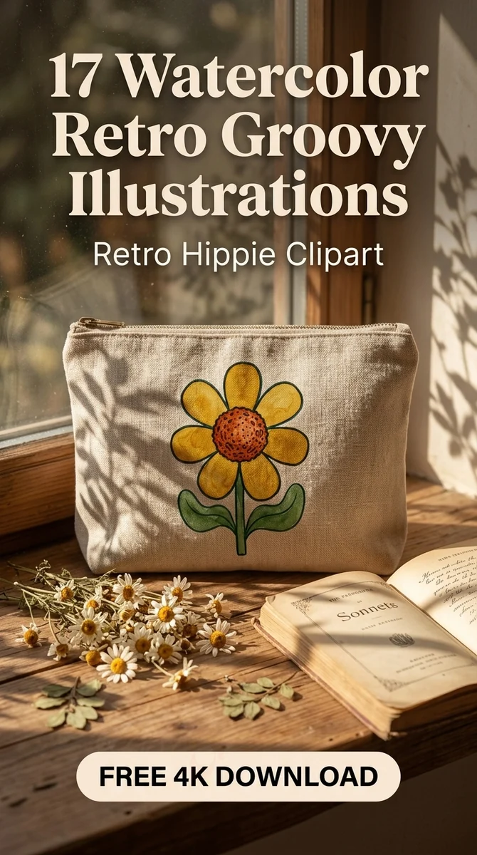 Free Retro Yellow Flower PNG | Groovy Daisy Clipart โ Retro Groovy Clipart | Hippie Aesthetic PNG watercolor clipart