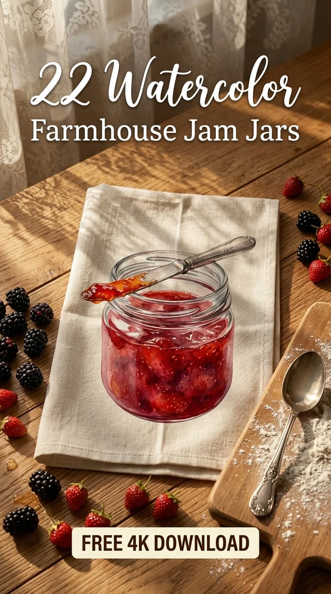 Free Strawberry Jam Jar PNG | Farmhouse Clipart — Cottagecore Jam Jar Clipart | Rustic Farmhouse PNG watercolor clipart