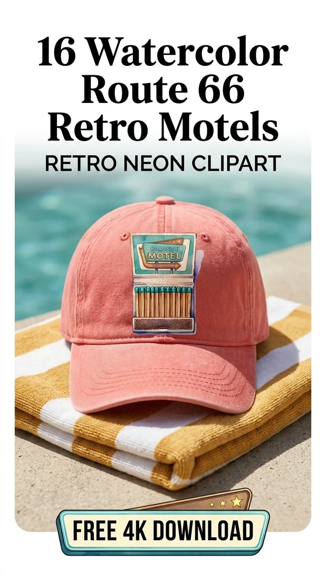 Free Retro Motel Matchbook PNG | Route 66 Clipart — Route 66 Retro Neon Clipart Mid Century Modern PNG watercolor clipart