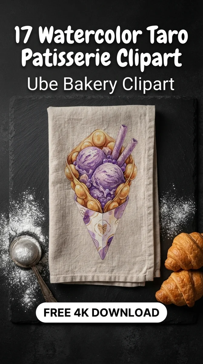 Free Bubble Waffle Clipart PNG | Taro Ice Cream Cone Art — Taro Patisserie | Ube Dessert Clipart PNG watercolor clipart
