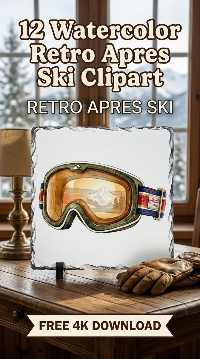 Free Ski Goggles PNG | Mountain Reflection Winter Clipart — Retro Apres Ski Clipart Cozy Winter Watercolor PNG watercolor clipart