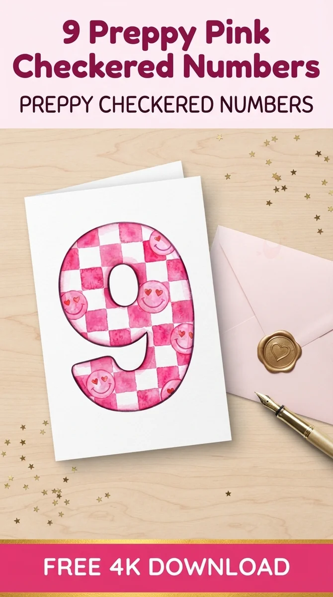 Free Preppy Number 9 PNG | Pink Checkered Coquette Art — Preppy Pink Checkered Numbers | Y2K Birthday PNG watercolor clipart