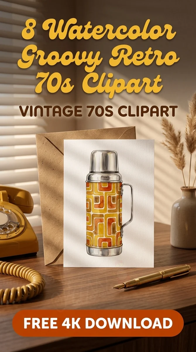 Free 70s Camping Thermos PNG | Retro Geometric Clipart — 70s Retro Clipart | Vintage Groovy PNGs watercolor clipart