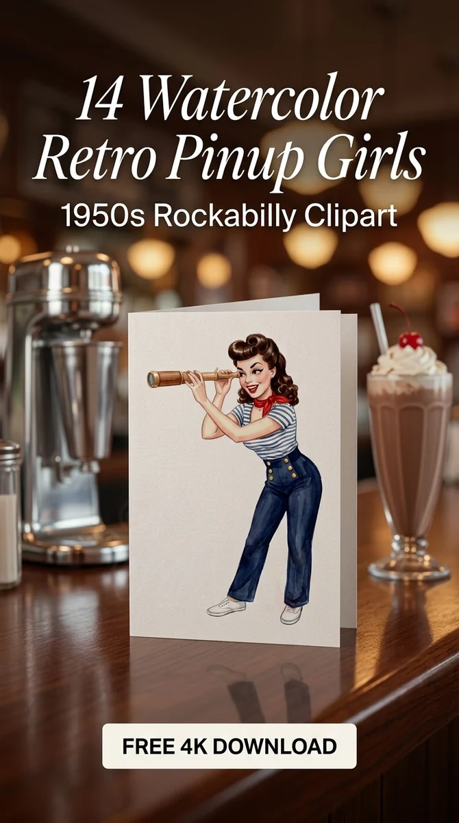 Free Sailor Pinup Clipart | Retro Nautical Girl with Telescope PNG — Retro Pinup Clipart | 1950s Rockabilly PNG watercolor clipart