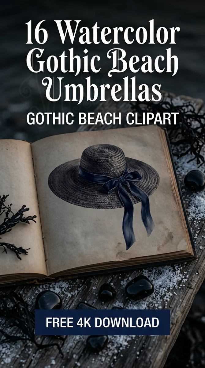 Free Black Sun Hat PNG | Elegant Gothic Beach Clipart — Summerween Clipart | Gothic Beach PNG watercolor clipart