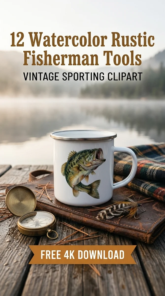 Free Largemouth Bass PNG | Watercolor Fish Clipart — Rustic Fisherman Clipart | Vintage Fishing PNG watercolor clipart