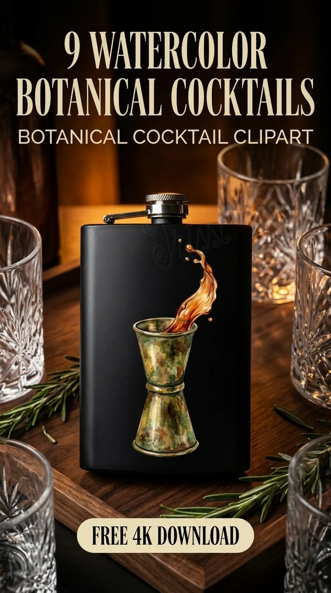 Free Splashing Brass Jigger PNG | Vintage Mixology Clipart โ Botanical Mixology | Craft Cocktail Clipart watercolor clipart