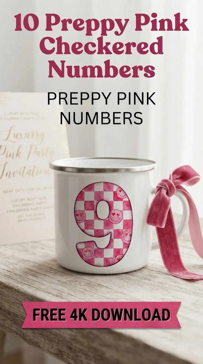 Free Preppy Pink Number 9 PNG | Coquette Smiley Heart Clipart — Preppy Pink Checkered Numbers | Y2K Birthday PNG watercolor clipart