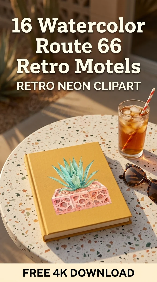 Free Mid Century Breeze Block PNG | Succulent Agave Clipart — Route 66 Retro Neon Clipart Mid Century Modern PNG watercolor clipart