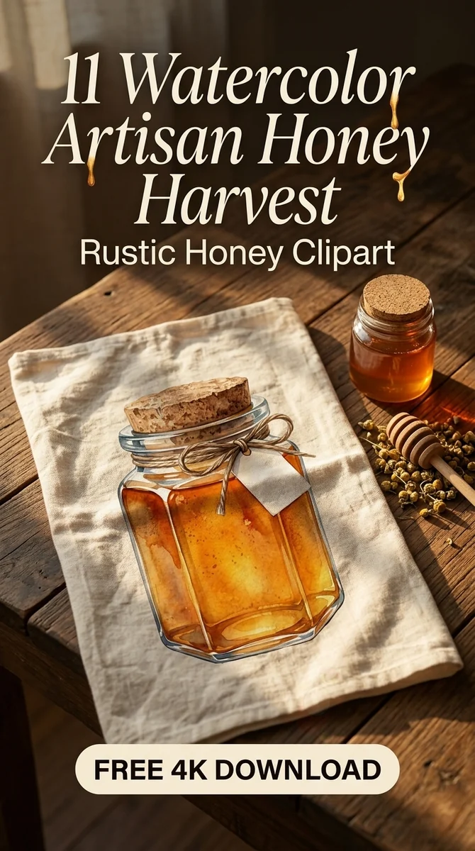 Free Hexagon Honey Jar PNG | Watercolor Cottagecore Clipart — Cottagecore Honey Clipart | Rustic Watercolor Bee