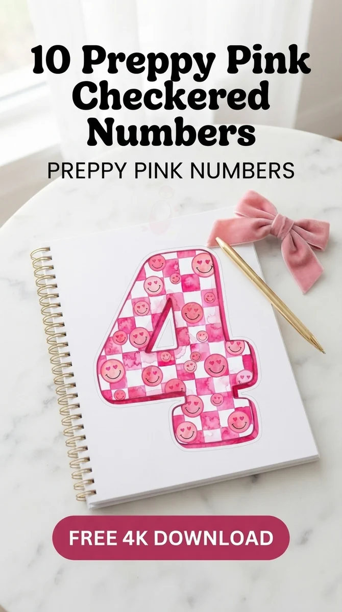Free Y2K Pink Number 4 PNG | Checkered Smiley Face Graphic — Preppy Pink Checkered Numbers | Y2K Birthday PNG watercolor clipart