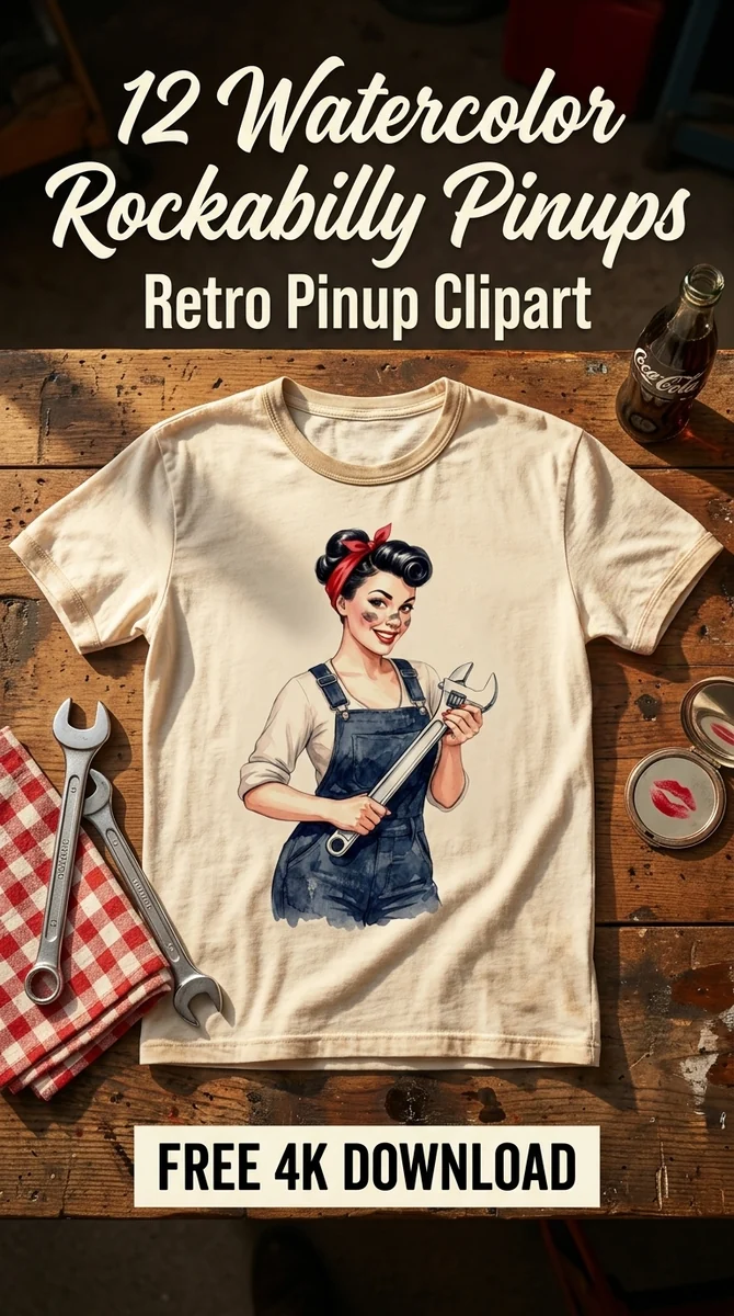 Free Retro Mechanic Pin-Up PNG | Rockabilly Clipart — Rockabilly Pin-Up | Retro Clipart watercolor clipart