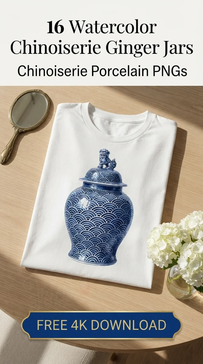 Free Foo Dog Temple Jar PNG | Blue White Wave Porcelain Clipart — Grandmillennial | Chinoiserie Clipart PNGs watercolor clipart
