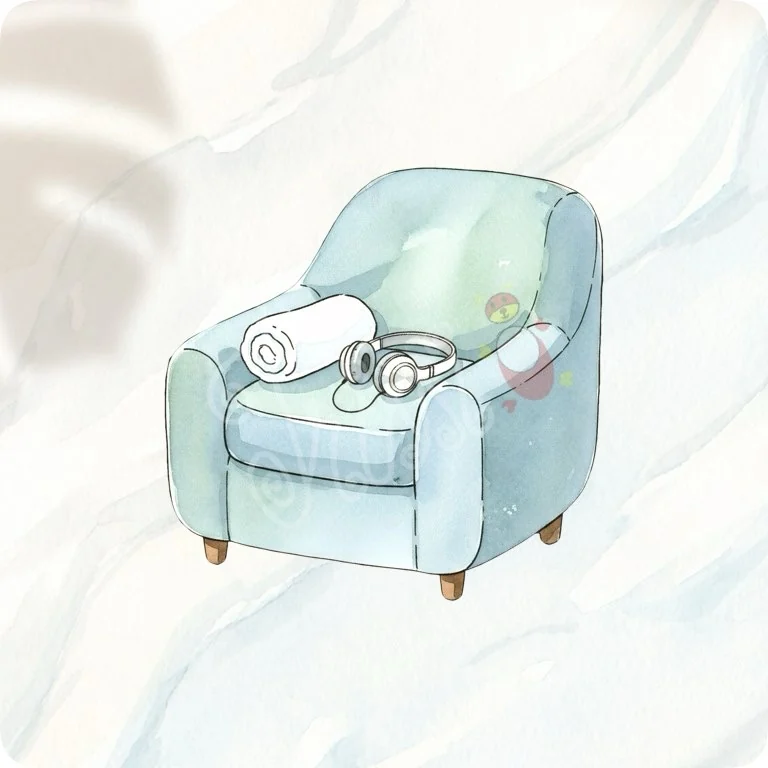 Post-Workout Relaxation PNG | Chair & Headphones Clipart — Fitness Recovery Clipart | Wellness & Workout PNGs watercolor clipart