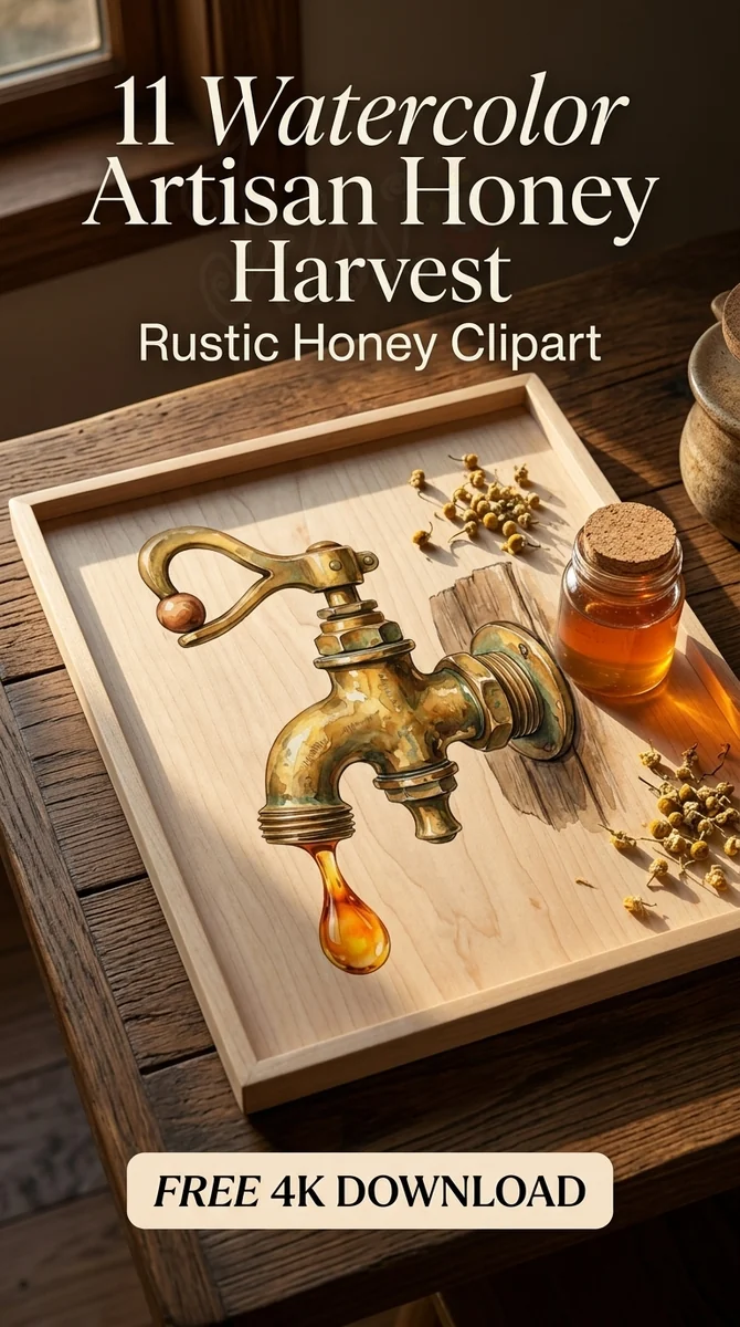 Free Vintage Honey Spigot PNG | Brass Faucet Clipart β Cottagecore Honey Clipart | Rustic Watercolor Bee watercolor clipart