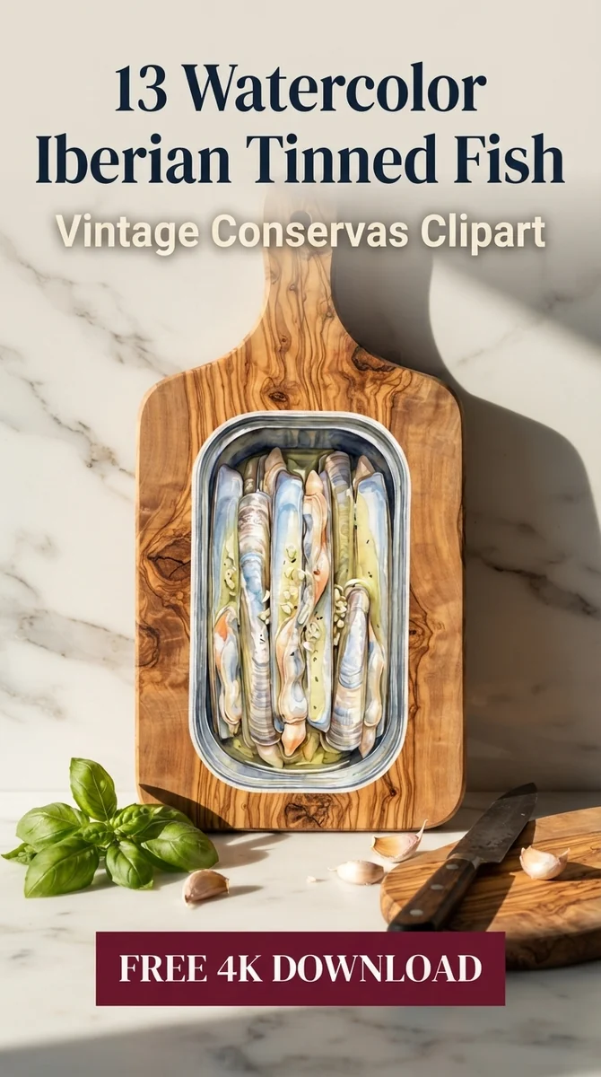 Free Razor Clams Clipart | Vintage Iberian Seafood PNG — Tinned Fish Clipart Vintage Sardine PNG Aesthetic watercolor clipart