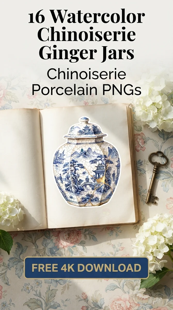 Free Gold Kintsugi Ginger Jar PNG | Blue White Porcelain Clipart — Grandmillennial | Chinoiserie Clipart PNGs watercolor clipart