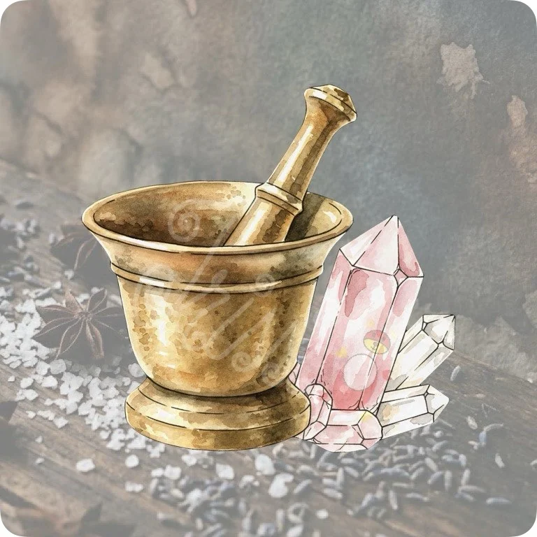 Free Rose Quartz Mortar & Pestle PNG | Potion Making Clipart — Kitchen Witch Clipart | Green Witch Watercolor PNG watercolor clipart